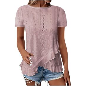 Eyelet Tops for Women Summer Dressy Casual Short Sleeve Shirts Elegant Business Hem Blouses Holiday Vacation Outfits