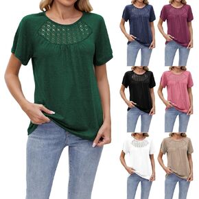 Womens Lace Tops Pleated Short Sleeve Shirts Summer Dressy Casual Shirts Trendy Elegant Blouse Soft Tees