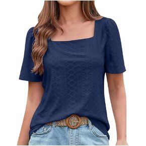 Square Neck Short Sleeve Tunic Tops Eyelet Womens Summer Crochet Embroidery Knit Tops Casual Dressy Blouses Tshirts