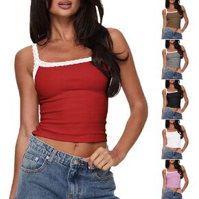 Sleeveless Camisole Tank Tops for Women Y2K Spaghetti Strap Lace Trim Slim Fit Basic Cami Shirts
