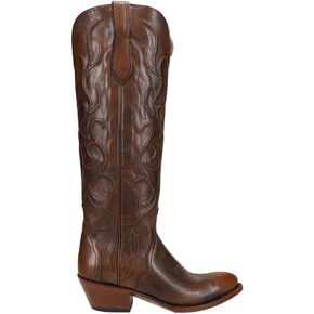 Lucchese Womens Peri Tooled-Inlay Round Toe Dress Boots Mid Calf Low Heel 1-2" - Brown