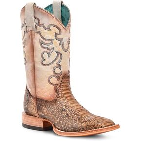 CORRAL LADIE'S TAUPE-BEIGE PYTHON EMBROIDERY WIDE SQ. TOE, LEATHER SOLE, MALAYOPYTHON RETICULATUS LEATHER, WESTERN BOOTS, B5007