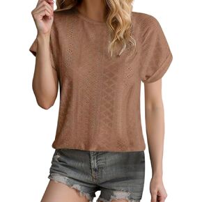 Womens Tops Short Sleeve Eyelet Embroidery Shirts Summer Dressy Casual Rolled Sleeve Tshirts Trendy Elegant Blouse