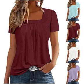 Womens Eyelet Embroidery Tops Short Sleeve Summer Dressy Casual Crochet Shirts Square Neck Breathable Blouse