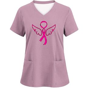 Nurse Uniforms Pink Ribbon Breast Cancer Awareness Womens Scrub Tops with Pockets Work V Neck Short Sleeve