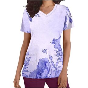 Womens Scrub Tops V Neck Short Sleeve Nurse Uniforms Work Uniform T-Shirt Short Sleeve Tunic Blouse with Pocket
