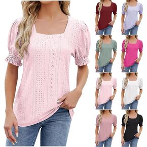 Womens Eyelet Summer Tops Square Neck Summer Dressy Casual Short Sleeve Shirts Elegant Crochet Embroidery Blouse