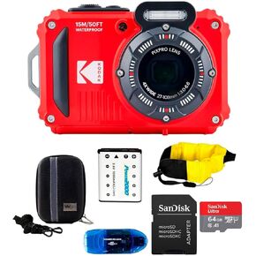 KODAK PIXPRO WPZ2 Waterproof Digital Camera Bundle, Includes: SanDisk 64GB MicroSD Memory Card, Spare Battery and More (6 Items) (Yellow)