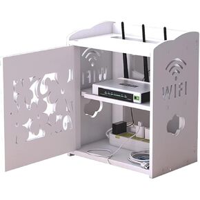 Router Shelf Wall Mount WiFi Router Storage Box, Floating Shelf Router Bracket WiFi Storage Box Cable Organizer Box Wall Shelf Power Strip Protector Hider Desktop Storage Box, White