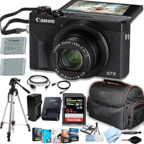 Canon PowerShot G7 X Mark III Digital Camera + 64GB Extreem Speed Memory, Pro Tripod, Case, Batteries,and More (22pc Bundle) (Renewed)