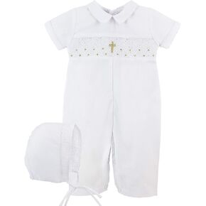 Baptism Outfits for Boys - Elegant Longall with Bonnet Featuring Hand Smocked Gold Cross Design