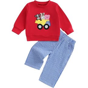Rtnnsbbfcm Toddler Baby Boy Clothes Long Sleeve Sweatshirt Pullover Tops and Plaid Pants Fall Winter Farm Outfits 2 Piece Set