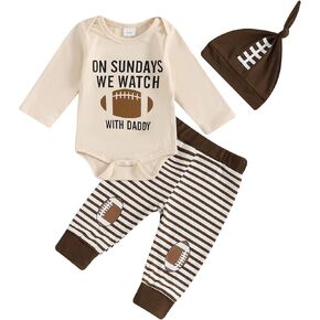 Muasaaluxi Newborn Baby Boy Football Outfit On Sundays We Watch Football with Daddy Romper Stripe Long Pants Hat Set