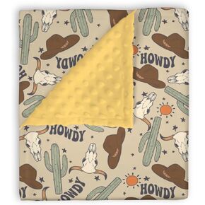 Mink Baby Boy Blanket Boho Western Howdy Cowboy Hat, Wild West Desert Cactus Sun Cow Soft Plush Double Layer Dotted Backing Receiving Swaddle, Newborn Infant Toddler Nursery Crib Bedding 30x40