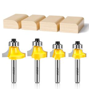 1/4-inch Shank Roundover Router Bit Set, 4 Pcs Router bit Set, Bearing Guide for Rounding Edge Bit, Round Over Router Bits for Edging Forming (R 1/8", 1/4", 3/16", 5/16")