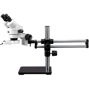 AmScope SM-5B-FRL Professional Binocular Stereo Zoom Microscope, WH10x Eyepieces, 7X-45X Magnification, 0.7X-4.5X Zoom Objective, 8W Fluorescent Ring Light, Ball-Bearing Double-Arm Boom Stand, 110V-120V