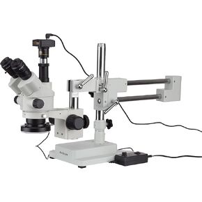 AmScope 7X-90X Simul-Focal Stereo Zoom Microscope on Boom Stand with an LED Light and 10MP Camera