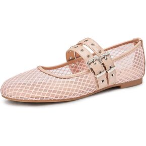 Trary Ballet Flats for Women,Mesh Mary Jane Shoes,Double Buckle Strap Spring Summer Shoes Comfortable Dressy