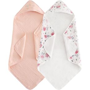PHF 100% Muslin Cotton Baby Hooded Towels, 2 Pack Bath Towel with Hood for Newborn, Infant, Toddler, Ultra Soft and Absorbent Baby Bath Essentials, Shower Gifts for Girls, 32x32Inch, Pink Floral