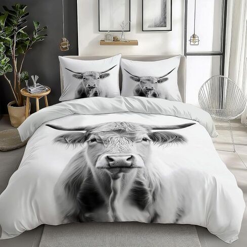 Highland Cattle Duvet Cover Set 2 Pieces Toddler, 1 Comforter Cover 40 X 60 Inches and 1 Pillowcases for Kids & Adults, Brushed Microfiber Bedding Set Comfy Breathable, Black and White Simple Style in Saudi Arabia