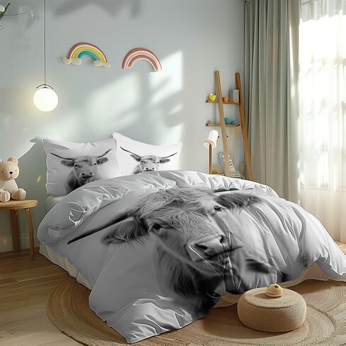 Highland Cattle Duvet Cover Set 2 Pieces Toddler, 1 Comforter Cover 40 X 60 Inches and 1 Pillowcases for Kids & Adults, Brushed Microfiber Bedding Set Comfy Breathable, Black and White Simple Style in Saudi Arabia