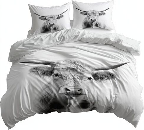 Highland Cattle Duvet Cover Set 2 Pieces Toddler, 1 Comforter Cover 40 X 60 Inches and 1 Pillowcases for Kids & Adults, Brushed Microfiber Bedding Set Comfy Breathable, Black and White Simple Style in Saudi Arabia