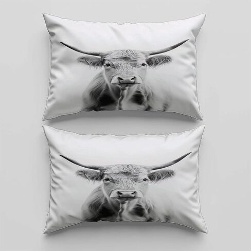 Highland Cattle Duvet Cover Set 2 Pieces Toddler, 1 Comforter Cover 40 X 60 Inches and 1 Pillowcases for Kids & Adults, Brushed Microfiber Bedding Set Comfy Breathable, Black and White Simple Style in Saudi Arabia