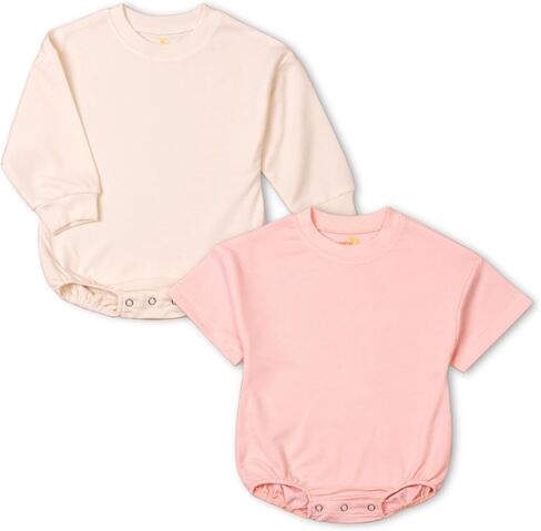 Baby Girl Romper Set 2-Pack Cotton Bodysuits, Long Sleeve & Short Plain Outfit, Newborn Infant Outfit for Girls in Kuwait