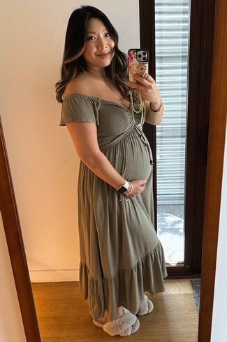 PinkBlush Light Smocked Ruched Ruffle Hem Maternity Maxi Dress in Kuwait