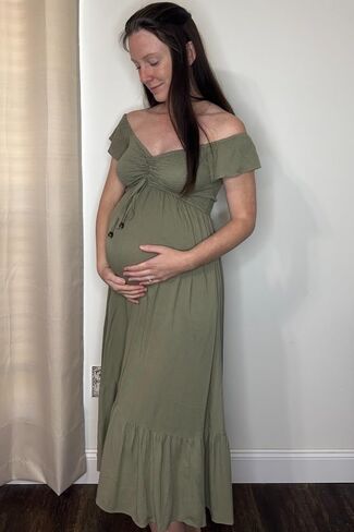 PinkBlush Light Smocked Ruched Ruffle Hem Maternity Maxi Dress in Kuwait