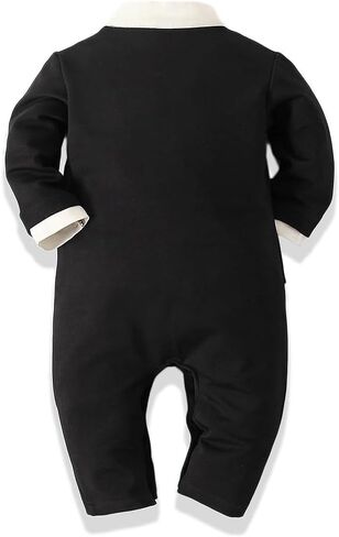 Baby Boy's Cotton Gentleman Romper Suits Party Tuxedo One Piece Outfit Lapel Tie Fake Two Piece Jumpsuit in Kuwait