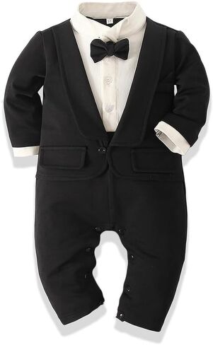 Baby Boy's Cotton Gentleman Romper Suits Party Tuxedo One Piece Outfit Lapel Tie Fake Two Piece Jumpsuit in Kuwait