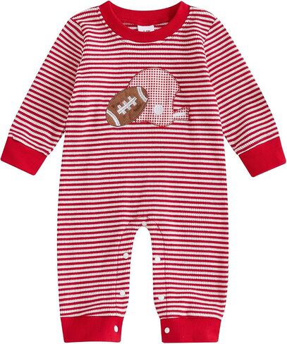 Karuedoo Newborn Baby Boy Girl Football Outfit Rugby Embroidery Stripe Romper Waffle Knit Long Sleeve Jumpsuit Fall Clothes in Saudi Arabia