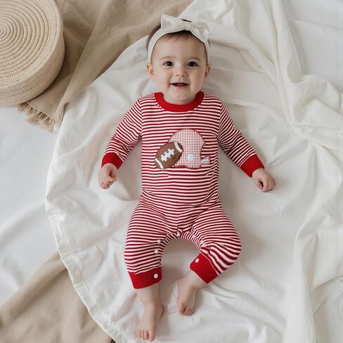 Karuedoo Newborn Baby Boy Girl Football Outfit Rugby Embroidery Stripe Romper Waffle Knit Long Sleeve Jumpsuit Fall Clothes in Saudi Arabia