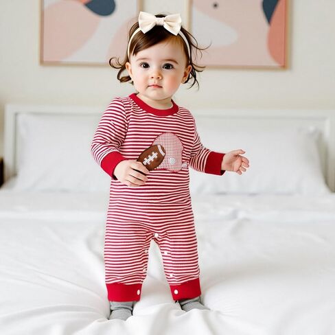 Karuedoo Newborn Baby Boy Girl Football Outfit Rugby Embroidery Stripe Romper Waffle Knit Long Sleeve Jumpsuit Fall Clothes in Saudi Arabia