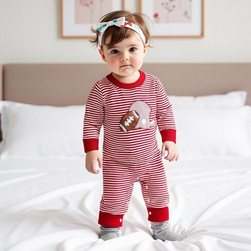 Karuedoo Newborn Baby Boy Girl Football Outfit Rugby Embroidery Stripe Romper Waffle Knit Long Sleeve Jumpsuit Fall Clothes in Saudi Arabia