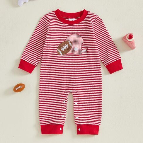 Karuedoo Newborn Baby Boy Girl Football Outfit Rugby Embroidery Stripe Romper Waffle Knit Long Sleeve Jumpsuit Fall Clothes in Saudi Arabia