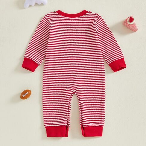 Karuedoo Newborn Baby Boy Girl Football Outfit Rugby Embroidery Stripe Romper Waffle Knit Long Sleeve Jumpsuit Fall Clothes in Saudi Arabia