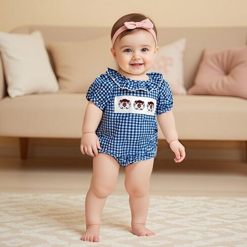 Newborn Baby Boy Girl Football Outfit Plaid Short Sleeve Bulldogs Tiger Embroidery Bubble Romper Game Day Jumpsuit in Saudi Arabia