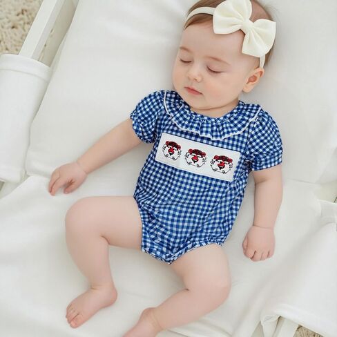 Newborn Baby Boy Girl Football Outfit Plaid Short Sleeve Bulldogs Tiger Embroidery Bubble Romper Game Day Jumpsuit in Saudi Arabia
