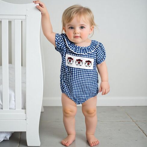 Newborn Baby Boy Girl Football Outfit Plaid Short Sleeve Bulldogs Tiger Embroidery Bubble Romper Game Day Jumpsuit in Saudi Arabia