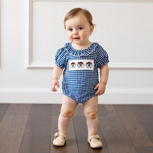 Newborn Baby Boy Girl Football Outfit Plaid Short Sleeve Bulldogs Tiger Embroidery Bubble Romper Game Day Jumpsuit in Saudi Arabia