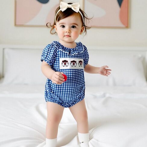 Newborn Baby Boy Girl Football Outfit Plaid Short Sleeve Bulldogs Tiger Embroidery Bubble Romper Game Day Jumpsuit in Saudi Arabia