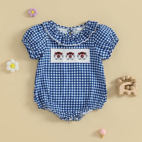 Newborn Baby Boy Girl Football Outfit Plaid Short Sleeve Bulldogs Tiger Embroidery Bubble Romper Game Day Jumpsuit in Saudi Arabia
