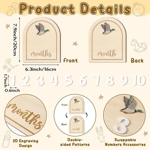 R Horse Baby Monthly Monthly Cards ، 14pcs 3d Mallard Duck Wooden Monthly Divis مع بطاقات الأرقام ، شهور حديثي الولادة علامات الإعلان عن استحمام الطفل هدايا للبنات الفتيات in Saudi Arabia