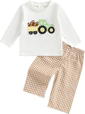 Baby Boy Football Outfit Tractor with Rugby Embroidery Pullover Shirt Gingham Pants Toddler Game Day Fall Clothes in Kuwait