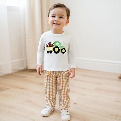 Baby Boy Football Outfit Tractor with Rugby Embroidery Pullover Shirt Gingham Pants Toddler Game Day Fall Clothes in Kuwait