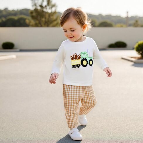 Baby Boy Football Outfit Tractor with Rugby Embroidery Pullover Shirt Gingham Pants Toddler Game Day Fall Clothes in Kuwait