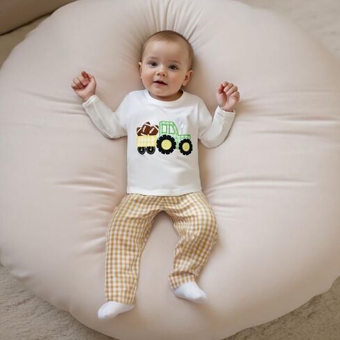 Baby Boy Football Outfit Tractor with Rugby Embroidery Pullover Shirt Gingham Pants Toddler Game Day Fall Clothes in Kuwait