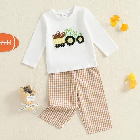 Baby Boy Football Outfit Tractor with Rugby Embroidery Pullover Shirt Gingham Pants Toddler Game Day Fall Clothes in Kuwait